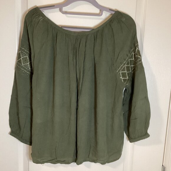 Papa Vancouver Women's Top Blouse With Embroidery Boho Peasant Olive Green - Picture 5 of 7